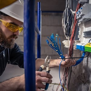 Elektriker schließt Leitungen im Verteiler an