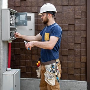 Elektriker mit Schutzhelm am Zählerschrank