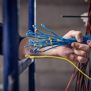 Gebündelte Datenkabel in der Hand eines Elektrikers